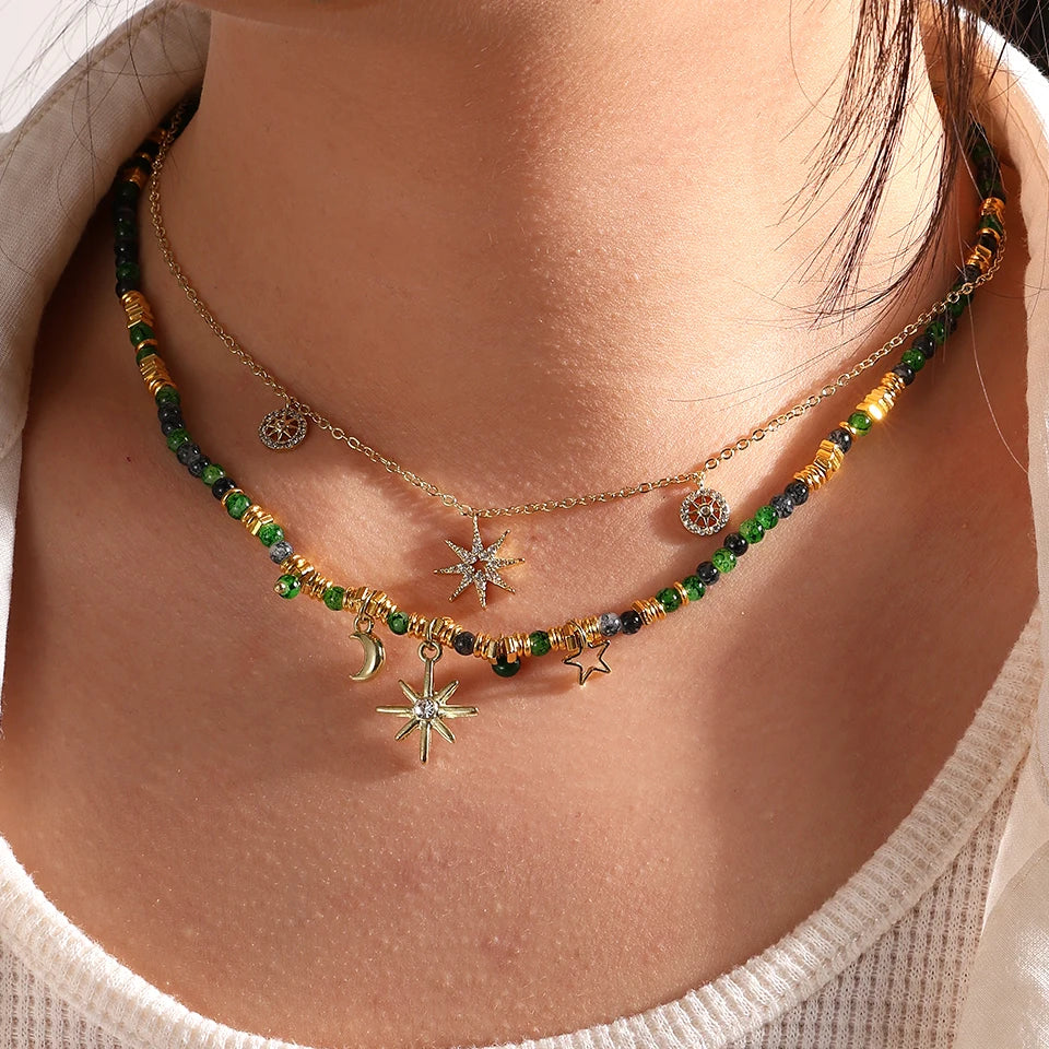 ZAKOL Vintage Böhmischen Stil Stein Perlen Halskette für Frauen Charme Mang Stern Anhänger Gestapelt Schlüsselbein Kette Mode Schmuck Geschenke