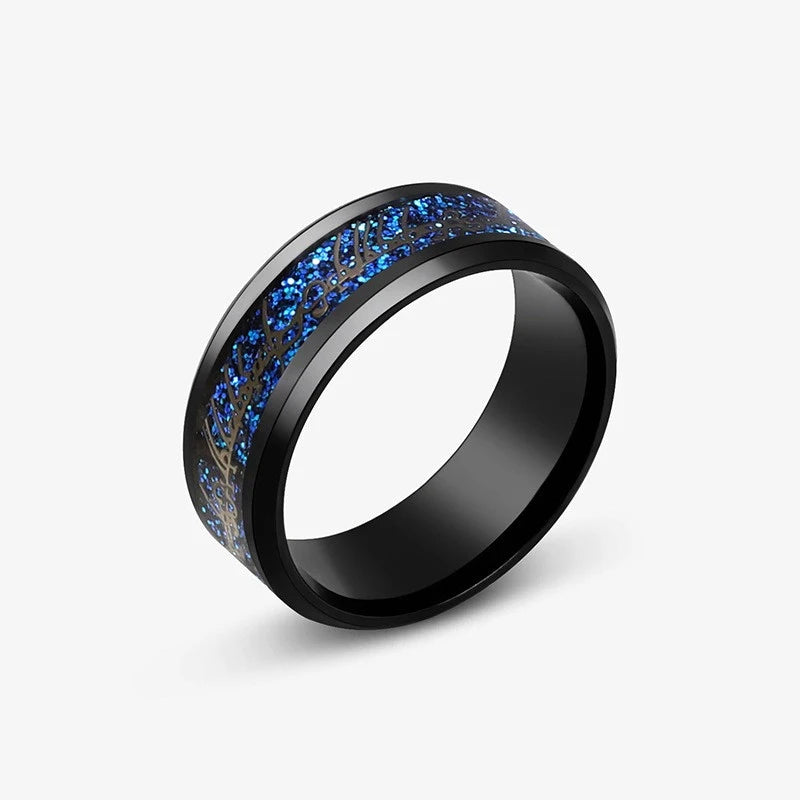 8mm Edelstahl Dominierenden Drachen Muster Ringe für Männer Frauen Punk Intarsien Blau Carbon Faser Ring bagues pour femme