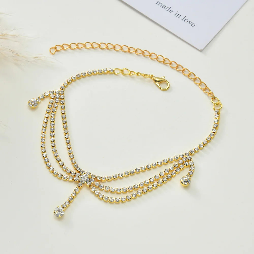 1pc Strass Kette Fußkettchen für Frauen Luxus glänzende Knöchel Armband auf Bein weibliche Hochzeits feier Schmuck Fuß zubehör neu
