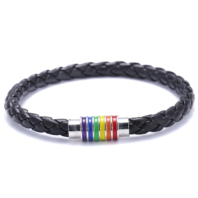 St.kunkka schwarz braun echtes geflochtenes Leder armband Frauen Männer Edelstahl Homosexuell Stolz Regenbogen Magnet Charms Armband Geschenk