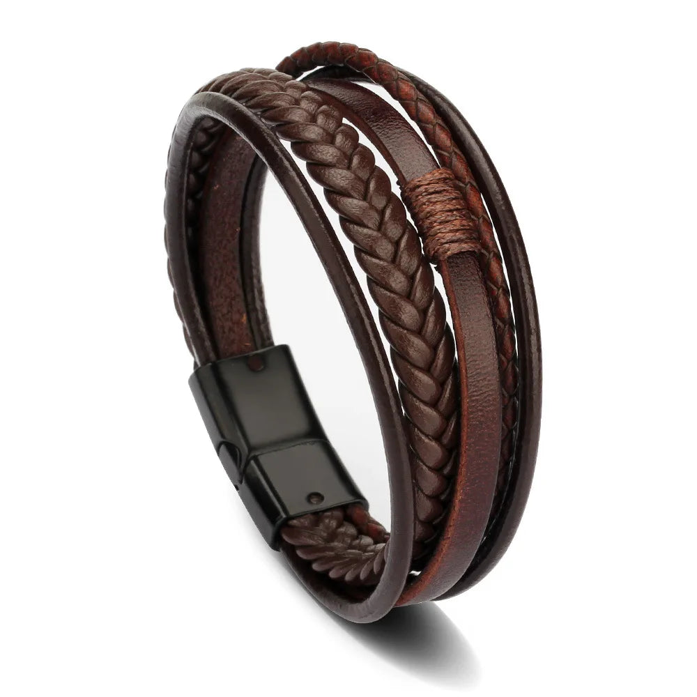 Trendige Lederarmbänder für Männer, Edelstahlarmband, 21 cm, mehrschichtige geflochtene Seilarmbänder für männliche Schmuckgeschenke