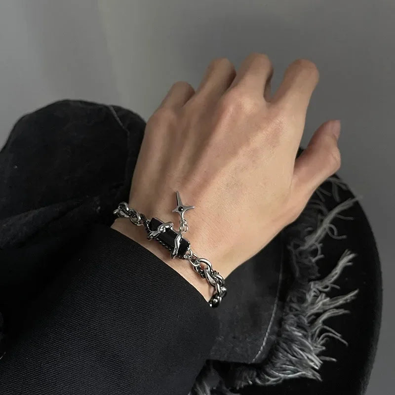 2024 Retro Schwarz Zirkon Stern Armband für Frauen Männer Geschenke Trend Titan Stahl Kette Unisex Goth Schmuck Neue Paar Zubehör