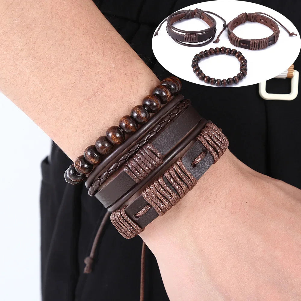3-4 Stück Vintage Leder Armband Set für Männer Baum des Lebens Charme schwarz gewebte Seil Perlen Kette Wrap Armreif Frauen handgemachten Schmuck