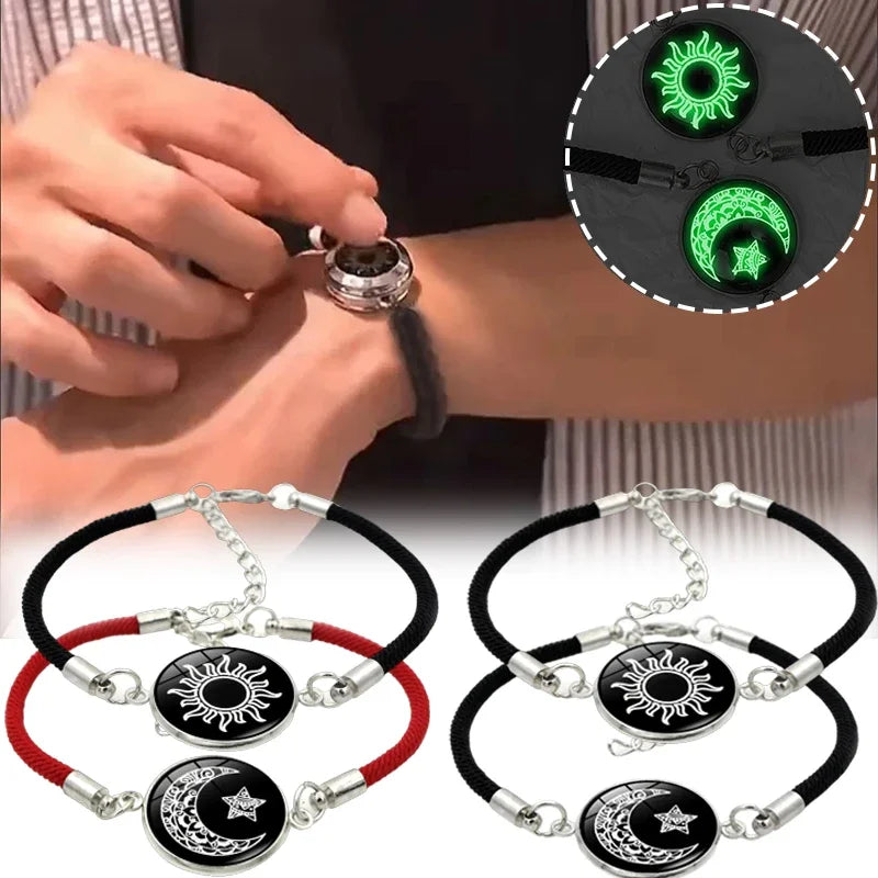 2 Stück handgefertigte, im Dunkeln leuchtende Sonne, Mond, Paar-Armbänder für Damen und Herren, geflochtenes Seil-Armband, Valentinstag-Schmuck