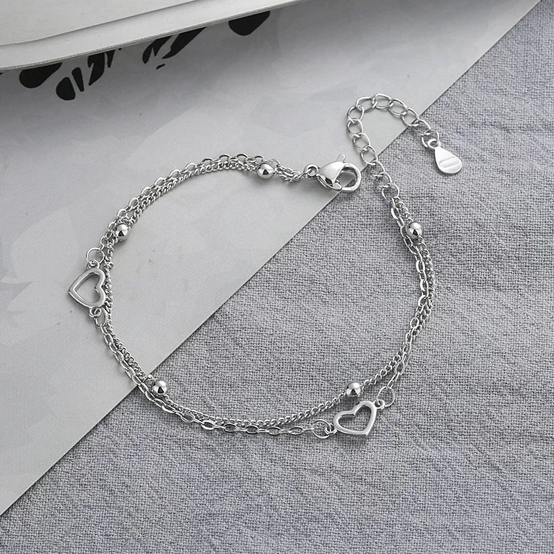 Armband aus 925er-Sterlingsilber, doppeltes Liebesherz, hohle runde Perlen, Damenmode, romantischer Schmuck, klassisch, verstellbar, Geschenke