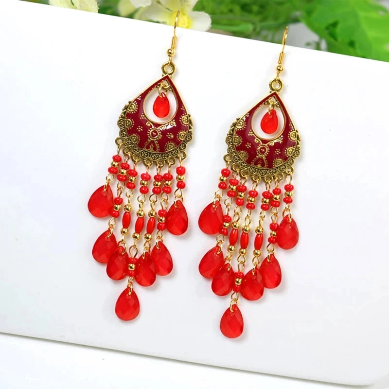 Bohemian Lange Bunte Quaste Perlen Wasser Tropfen Baumeln Ohrringe Für Frauen Vintage Gold Farbe Tropfen Glasur Ohrringe Pendientes Mujer