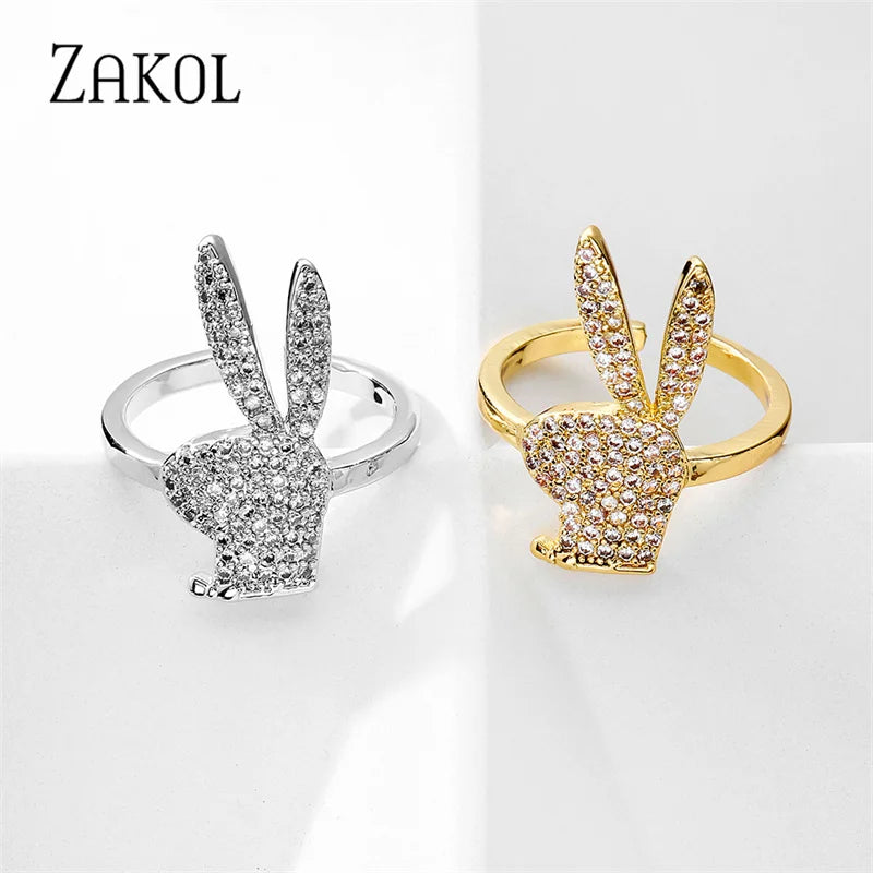 ZAKOL Niedliche Kaninchen-offene Ringe für Damen, modisch, Weißgold, Party-Schmuck, 2023, Neu