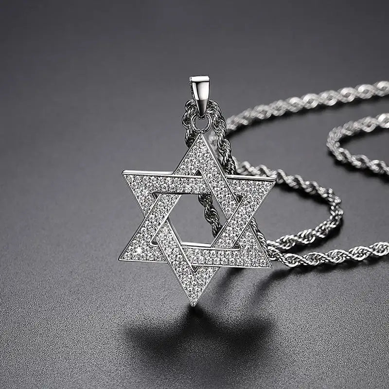 Hip Hop Männer vergoldet Schmuck Micro Pave vereist cz Stein Stern von David Anhänger Hexagramm Israel Judaismus Halsketten