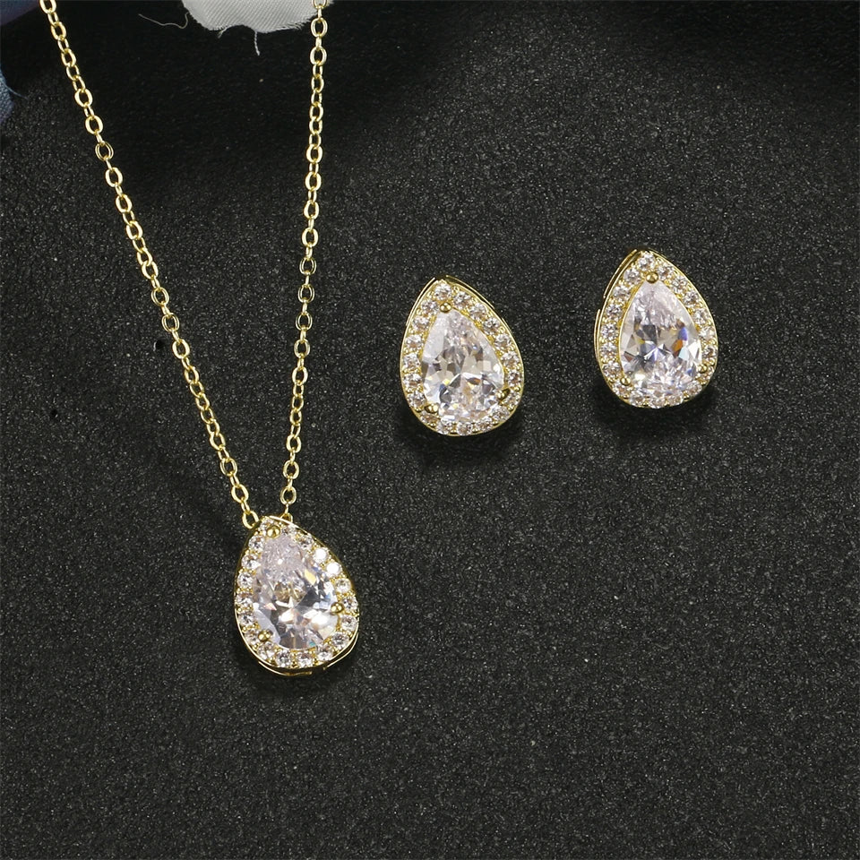 ZAKOL Klassisches Wassertropfen-Zirkonia-Hochzeitsschmuck-Set für Frauen, glänzender AAA-Kubikzirkon, Ohrringe, Halskette, Schmucksets, Geschenk
