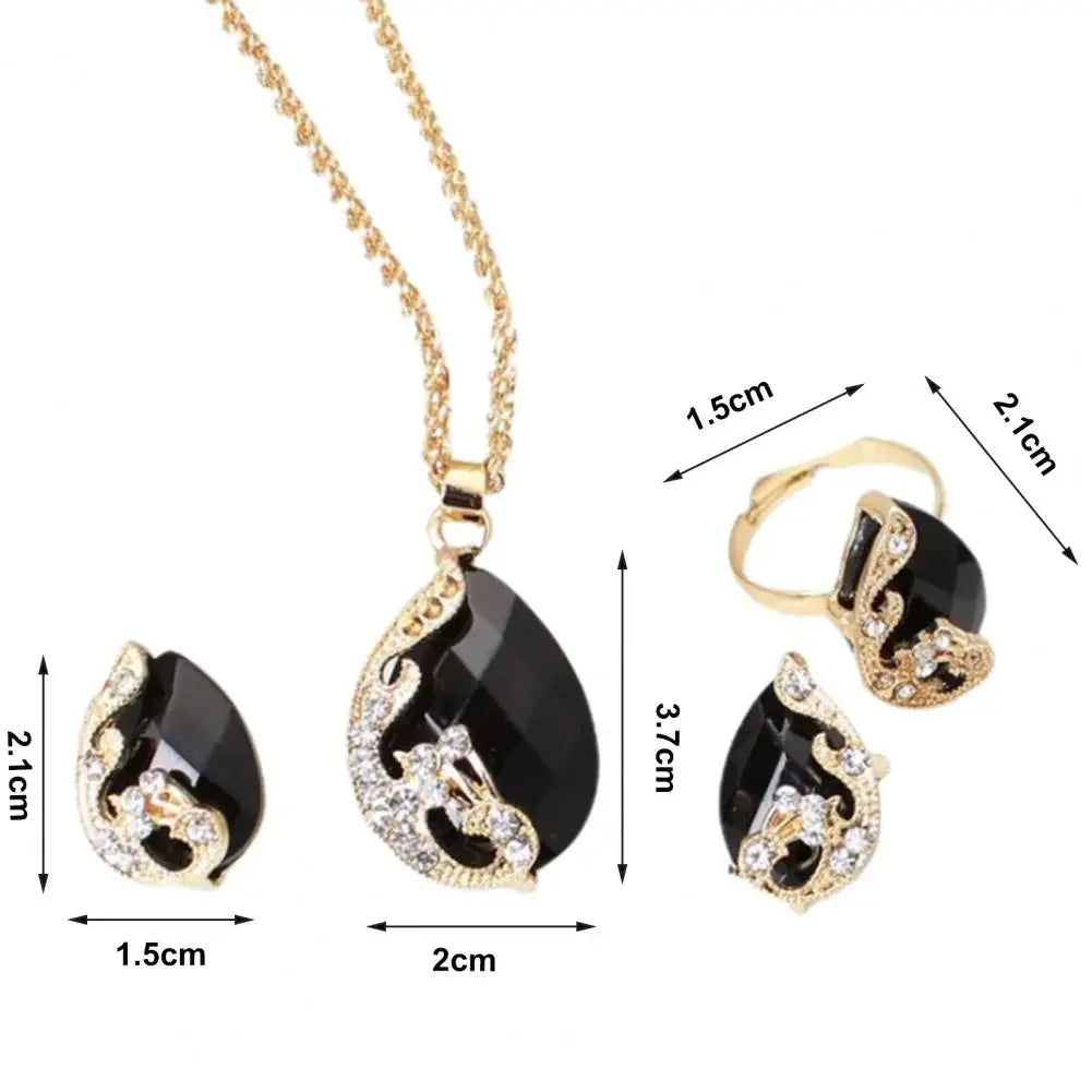 3PCS Pfau Edelstein Dame Schmuck Set Temperament Glänzenden Kristall Waterdrop Halskette Hoop Ohrring Ring Gold Farbe Abend Schmuck