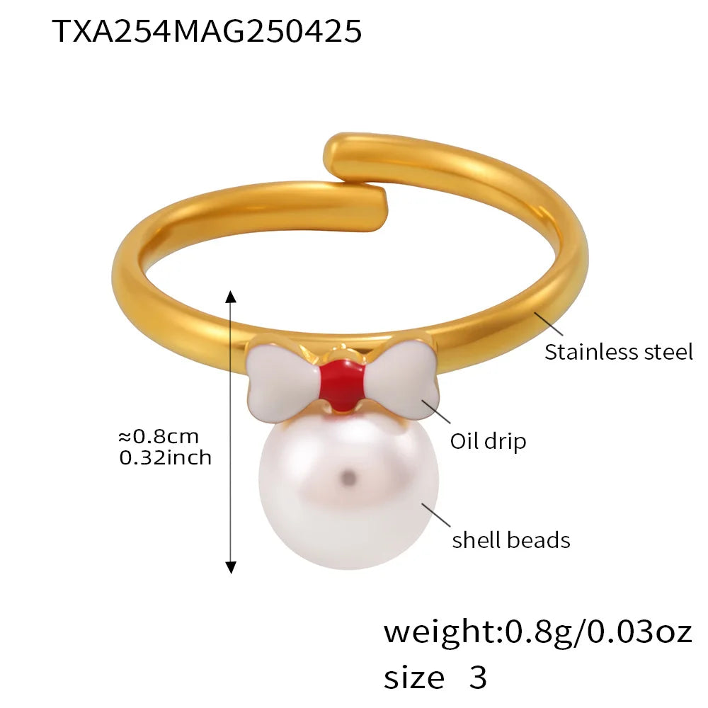 Liora Mode Emaille Bowknot Anhänger Simulierte Perle Halskette Armband Ring Ohrringe Für Mädchen Edelstahl Charme Schmuck Set