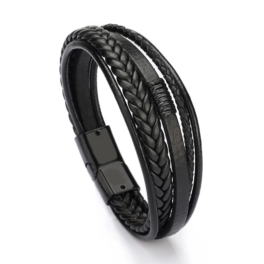 Trendige Lederarmbänder für Männer, Edelstahlarmband, 21 cm, mehrschichtige geflochtene Seilarmbänder für männliche Schmuckgeschenke