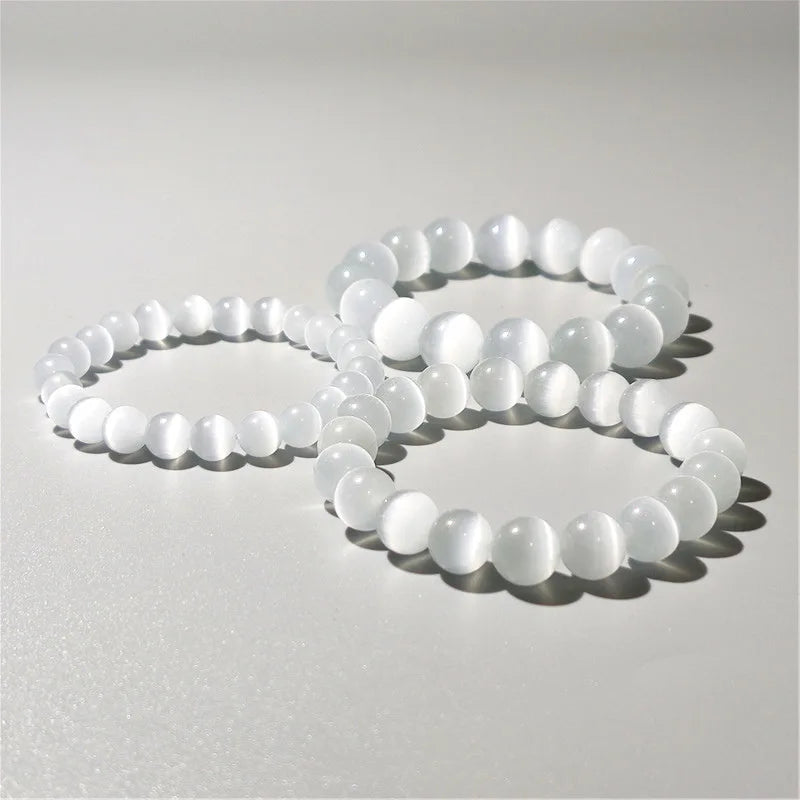 100 % natürliches weißes Katzenaugen-Stein-Armband für Damen, 6/8/10 mm, glattes Perlenarmband, Geschenke für Liebhaber, Mondstein-Armband