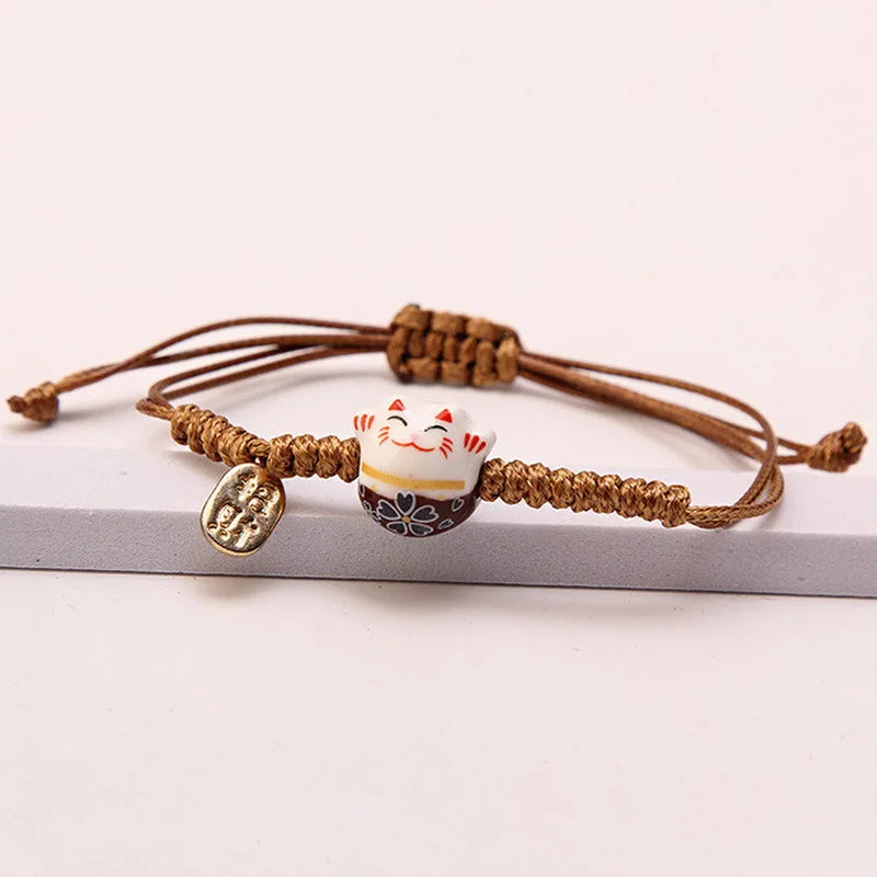 Einfaches geflochtenes Keramik-Glückskatze-Armband für Damen und Herren, mehrfarbig, niedliches Tier, handgestrickt, verstellbares Armband, Harajuku-Schmuck