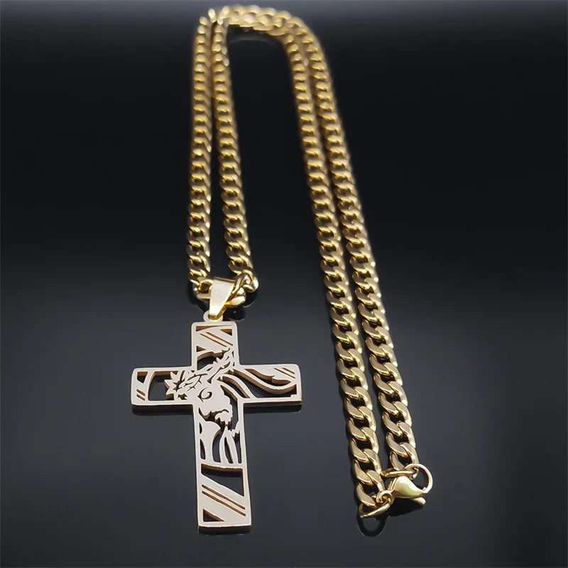 Hip Hop Punk Krone der Dornen Jesus Kreuz Halskette für Männer Edelstahl Vergoldet Kruzifix Anhänger Halsketten Schmuck N8052