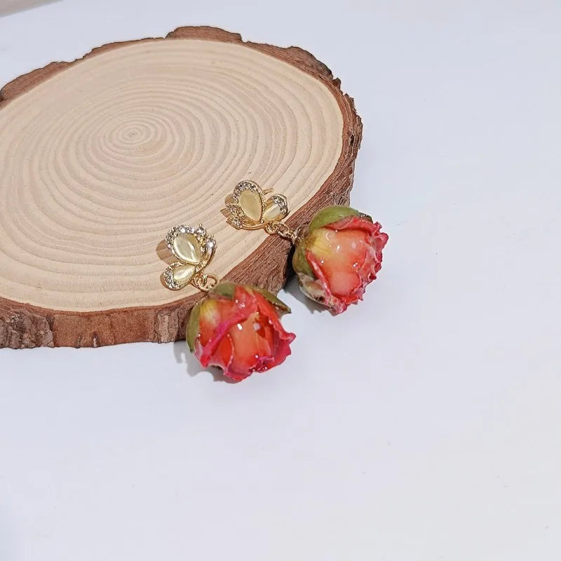 Einzigartige getrocknete Blumenohrringe, elegante natürliche Rose, Blumenperle, Quaste, lange Ohrringe, Epoxidharz, Rosenohrringe, Schmuck im Großhandel