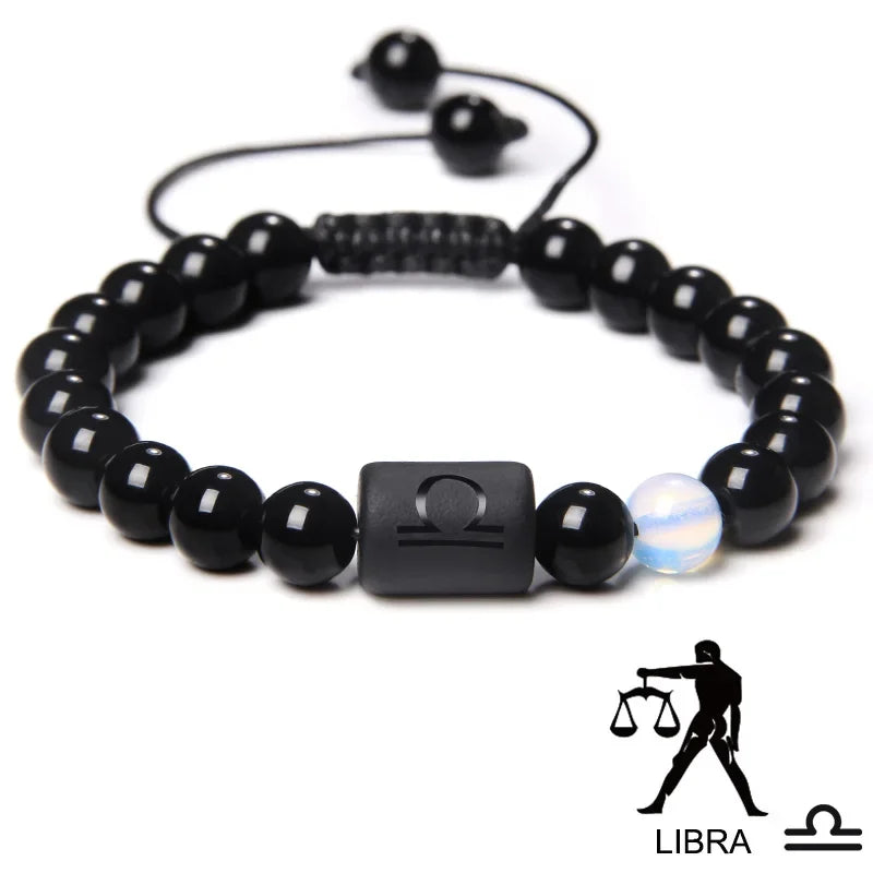 12-Sternbild-Sternzeichen-Armband, schwarze Onyx-Perlen, Krebs-Löwe, Onyx, geflochtenes Armband für Damen und Herren, Paare, Schmuck, Geschenk