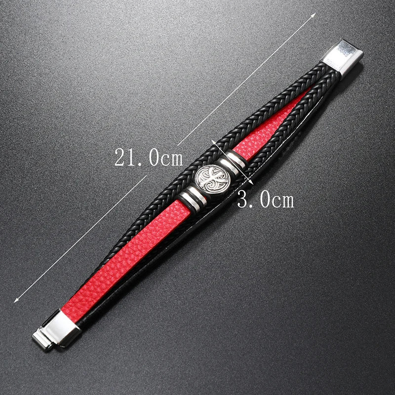 Mehrschichtiges, von Wikinger inspiriertes Lederarmband für Herren. Trendiges, schwarz/rotes, modisches geflochtenes Armband für soziale Anlässe