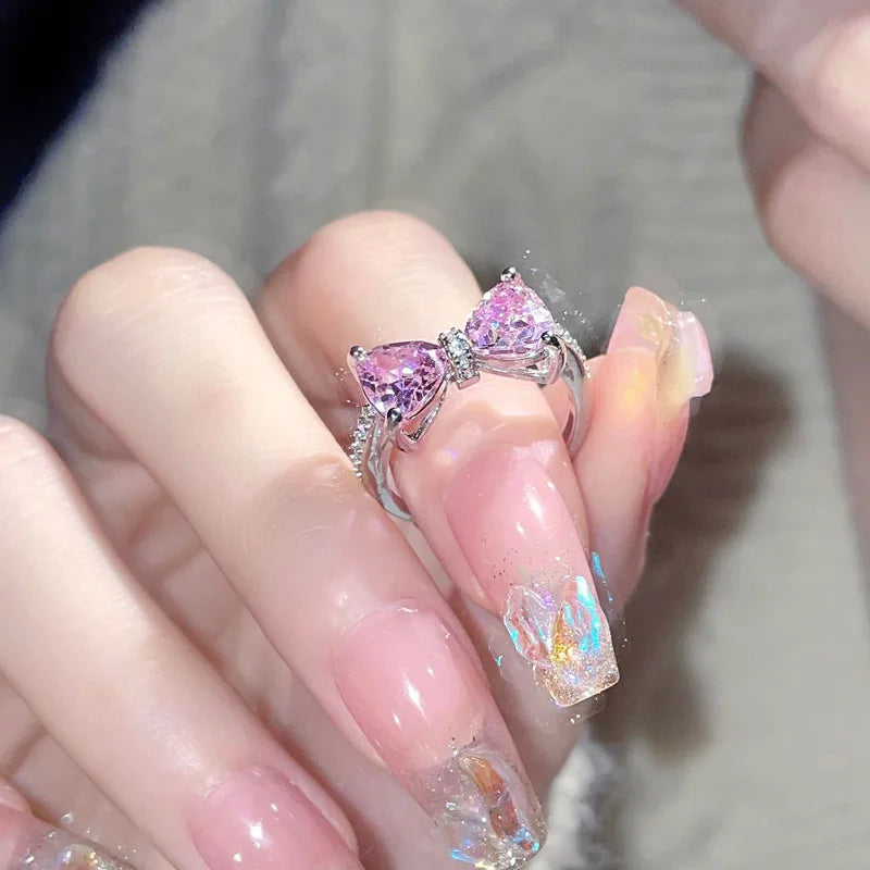 Mode Romantische Rosa Kristall Bowknot Ringe Süße Exquisite Y2K Öffnung Finger Ring Mädchen Geburtstag Party Schmuck Zubehör