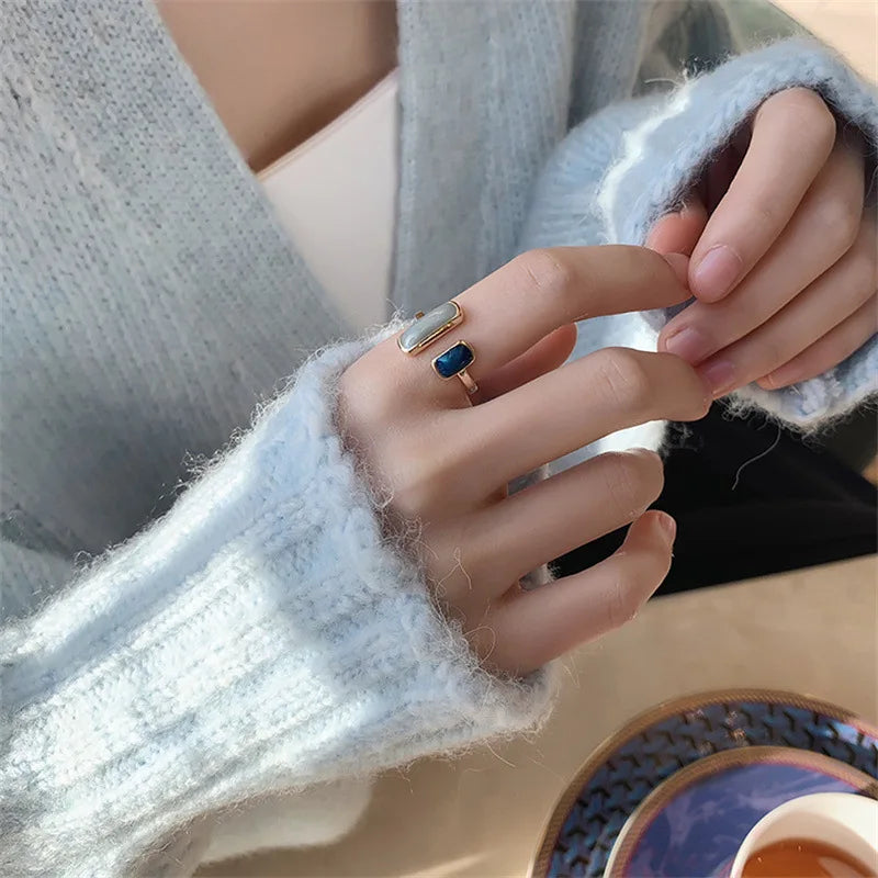 FTCY Quadratischer blauer Tropfglasur-Ring für Frauen, Retro, geometrisch, goldfarben, Metall-Öffnungsringe, Hochzeit, Geburtstag, Damenschmuck, Geschenk