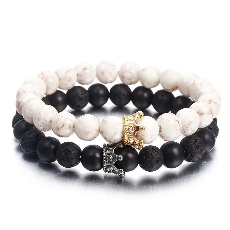 8MM Weiß Kiefer Vulkanstein Armband Elastischen Faden Eingestellt Perle Neue Vulkanstein Krone Armband Für Frauen Männer Schmuck geschenk