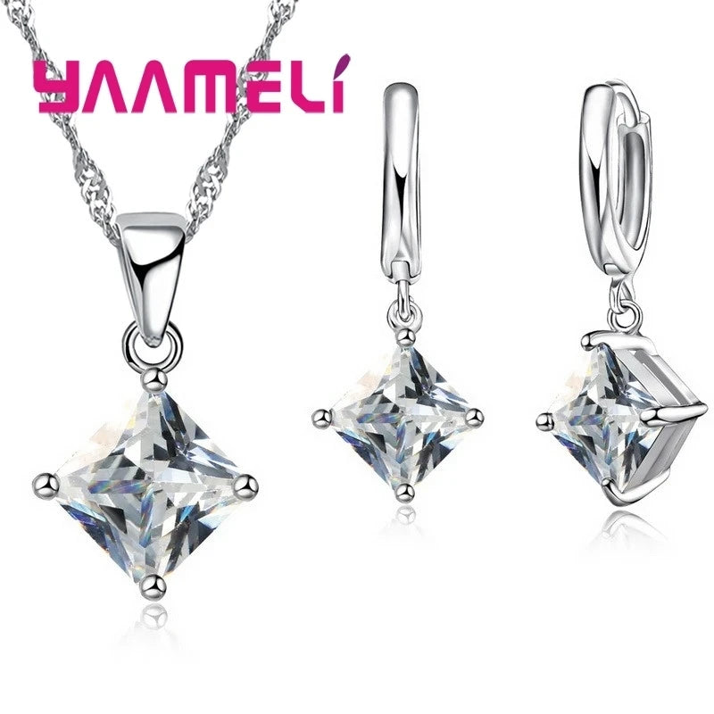 Luxus-Schmucksets aus echtem Sterlingsilber 925, glänzender klarer Kubikzircon, Blumen-Anhänger, Halskette, Ohrringe, Kette, Party-Zubehör