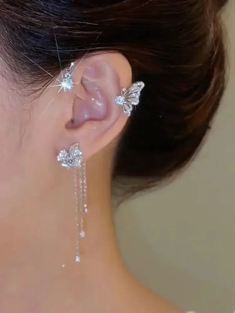 Glänzende Zirkon Schmetterling Ohr Manschette Gold Farbe Quaste Clip auf Ohrringe für Frauen Kupfer Ohrring Ohne Piercing Schmuck Ohr Schleife