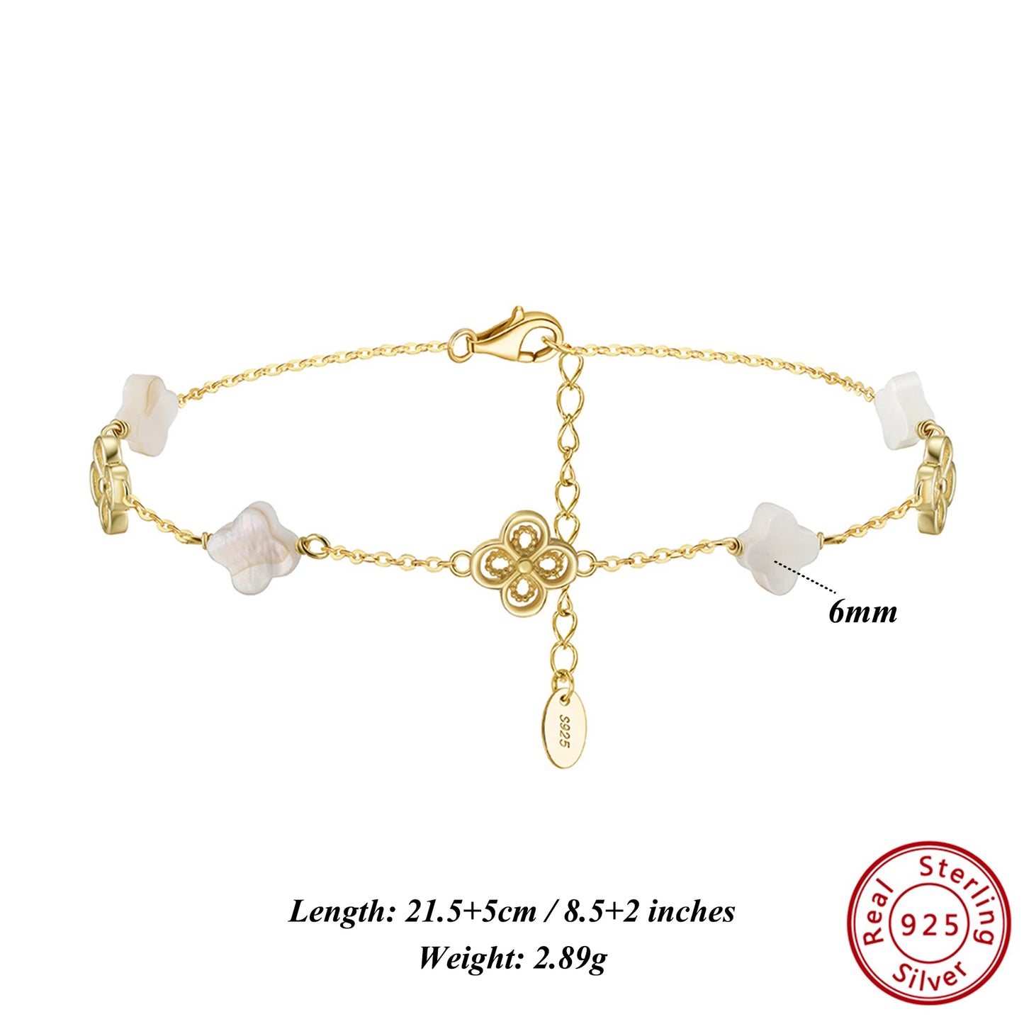 ORSA JEWELS Fußkettchen aus 925er-Sterlingsilber mit weißer Muschel, vierblättriges Kleeblatt-Design, Naturstil, Glückssymbol, Sommer-Accessoire, Geschenk GMA03
