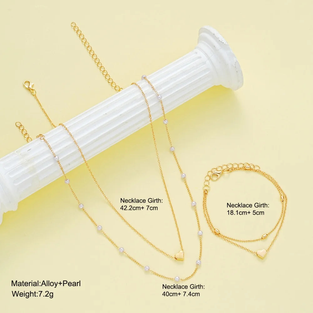 MEDFOLY 4-teiliges Charm-Armband und Halsketten-Set für Damen, 14 Karat vergoldet, Herz-Perlen-Anhänger, Halskette, Sommer, Strand, Schmuck, Geschenke