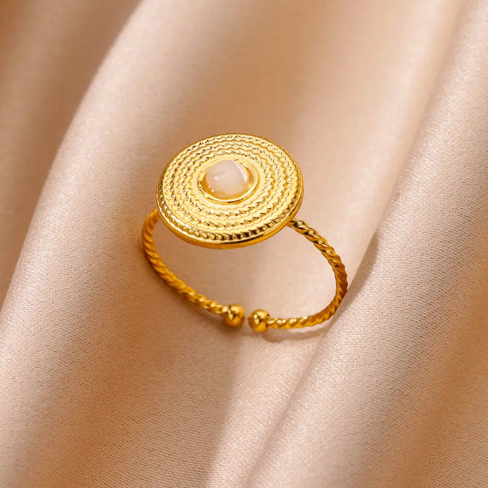 Gold Farbe Edelstahl Shell Ringe Für Frauen Vintage Oval Blau Stein Einstellbare Ring Fashion Party Schmuck Jahrestag Geschenk