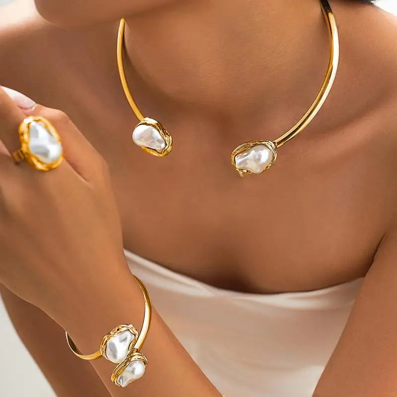 Vintage Unregelmäßige Barock Perlen Halskette Armbänder für Frauen Charme Gold Farbe Verstellbare Öffnung Ringe Schmuck Set Party Geschenke