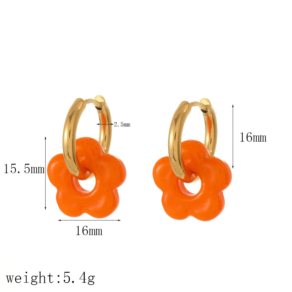 Bunte kleine Blume Edelstahl Charms Ohrring 18K vergoldet Kreis Ohr Schnalle Creolen Schmuck für Frauen