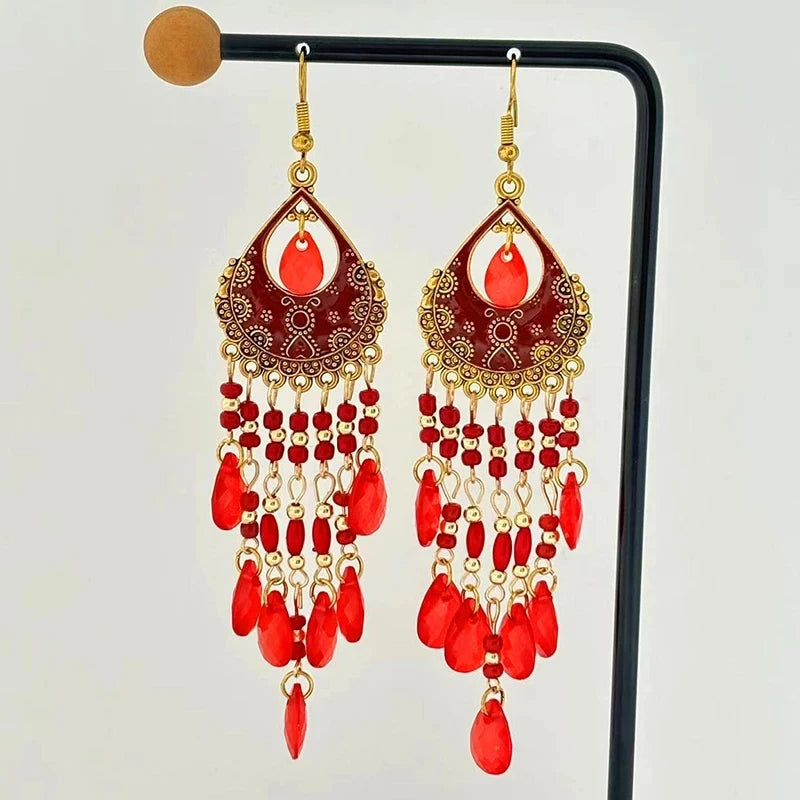 Bohemian Lange Bunte Quaste Perlen Wasser Tropfen Baumeln Ohrringe Für Frauen Vintage Gold Farbe Tropfen Glasur Ohrringe Pendientes Mujer