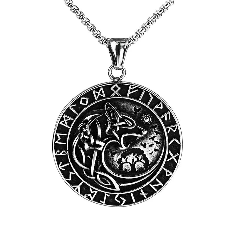 Wolf & Löwe Anhänger Halskette mit nordischen Runen Vintage Stil Wikinger Tribal Kette für Männer, Punk Biker Edelstahl Schmuck Geschenk