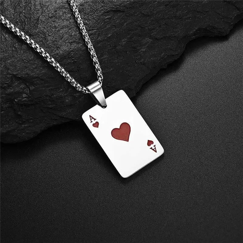 2 Stück Set Hip Hop Statement Edelstahl Poker Karte Ass Spaten Halskette für Frauen Männer Anhänger Kette Spielkarten Schmuck