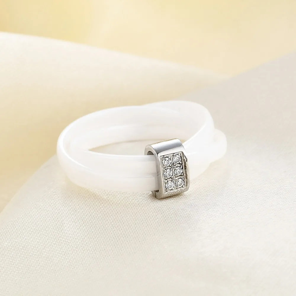 Kolmnsta Schwarz Weiß 3-lagiger Keramikring für Frauen Kreuz Edelstahl Zirkon Eheringe Verlobungsschmuck Anti-Fading