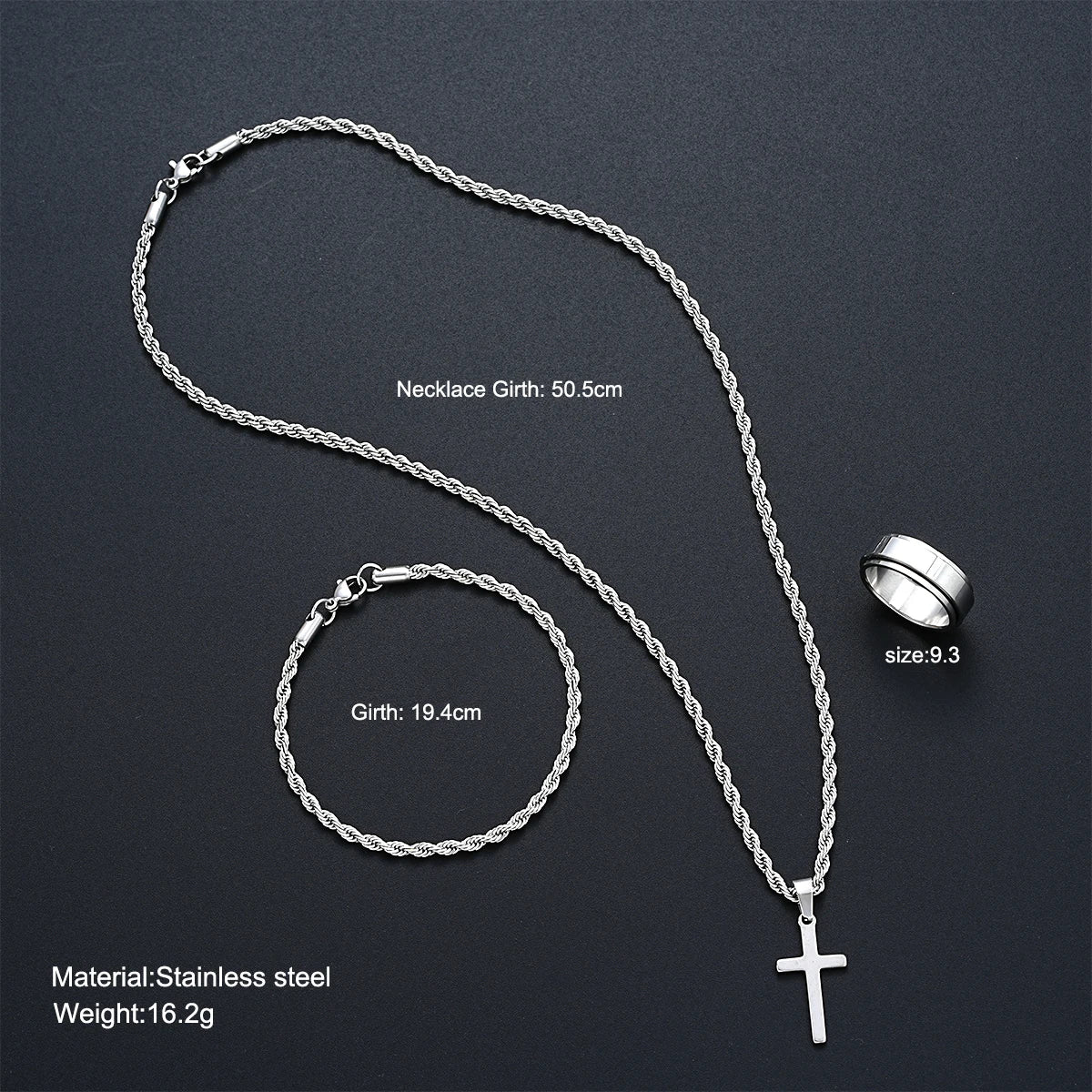 Edelstahl Einfache Schmuck-Set Für Männer Frauen Mode Silber Farbe Kreuz Anhänger Twisted Seil Halskette Armbänder Ring Geschenke
