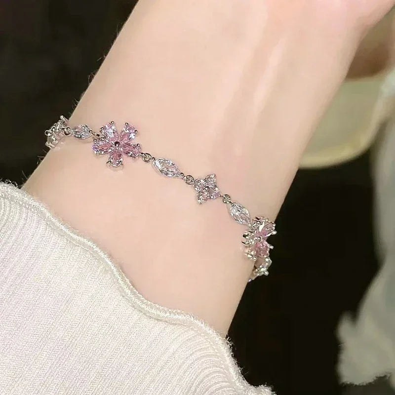 Elegante Kristall Blumen Armband Für Frauen Y2K Süße Mädchen Mond Kirschblüte Bogen Zirkon Armbänder Luxus Designer Schmuck Geschenk