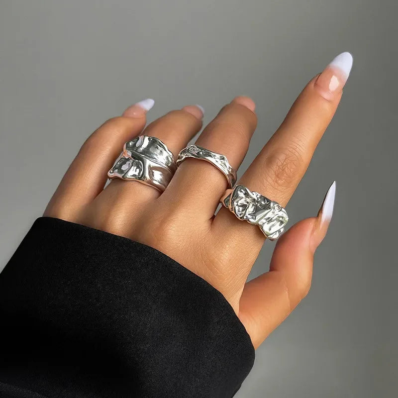 Punk Goldene Flüssigkeit Ringe Set Für Frauen Mode Unregelmäßige Welle Metall Knuckle Ringe Ästhetischen Egirl Gothic Schmuck Geburtstag Geschenke