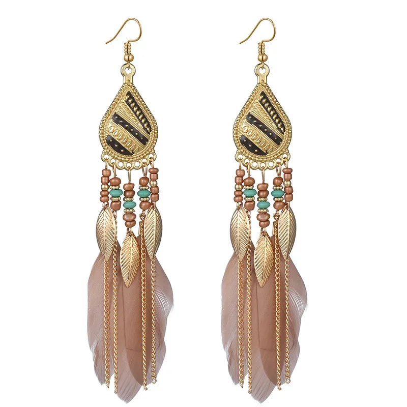 Bohemian Bunte Feder Quaste Ohrringe Für Frauen Ethnische Perlen Tropfen Aussage Hängende Ohrringe Mädchen Mode Schmuck Geschenk