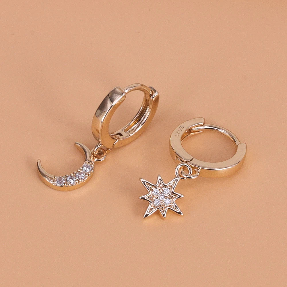 VENTFILLE 925 Sterling Silber CZ Stern Mond Asymmetrische Creolen für Frauen Mädchen Gold Silber Farbe Party Schmuck Geschenke