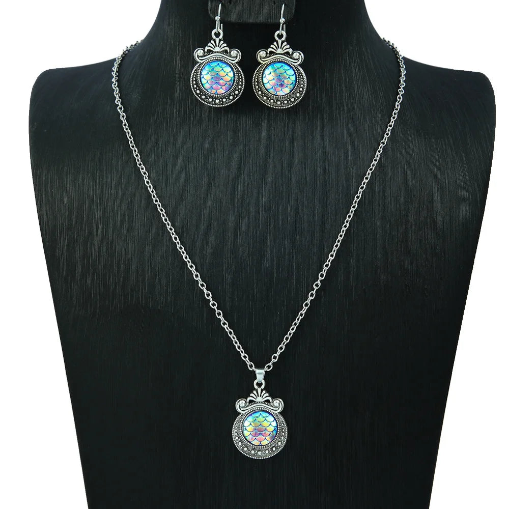 Kreative bunte Fischschuppenmuster Tropfen Halskette Ohrringe Set für Frauen Vintage ethnische geschnitzte einzigartige weibliche Schmuck Geschenk