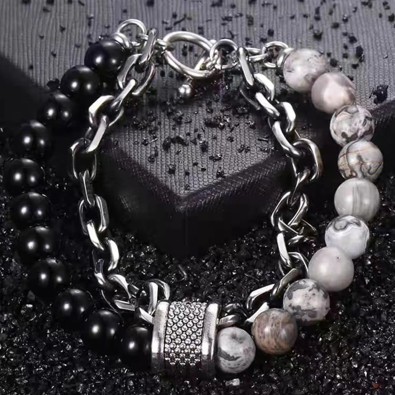 1-teilige Punk-Kette mit schlichtem Temperament, schwarze Perlenkette mit Naturstein-Perlenkette, Armbänder für Herren, modische Gegenstände, Urlaub, Reisen