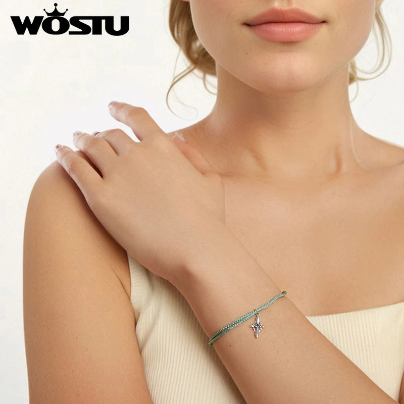 WOSTU Sternenlicht-Kreuz-Armband aus 925er-Sterlingsilber, grünes Seil für Damen, verstellbar, Glücksgeschenk, edler Schmuck