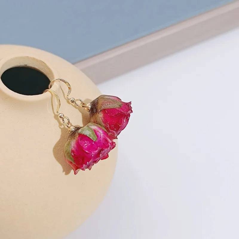Einzigartige getrocknete Blumenohrringe, elegante natürliche Rose, Blumenperle, Quaste, lange Ohrringe, Epoxidharz, Rosenohrringe, Schmuck im Großhandel