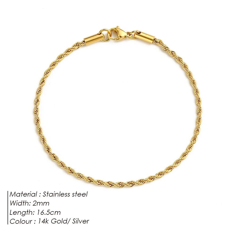 Emanco Edelstahl Twisted Rope Link Chain uneinstellbare Damen Hip Hop Punk 4mm Armbänder