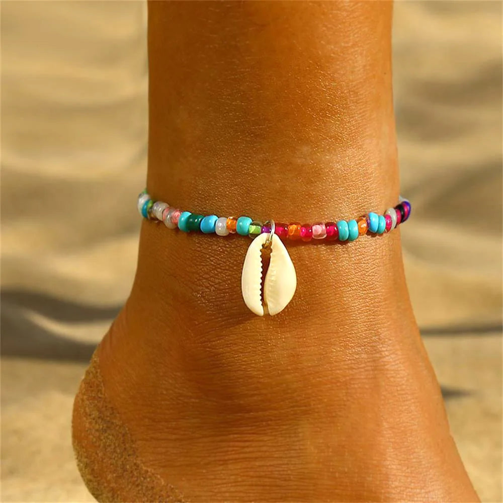 FNIO Neues Perlen-Fußkettchen, Samenperlen, verstellbar, buntes Blumen-Knöchelarmband am Bein, trendiger Schmuck für Frauen