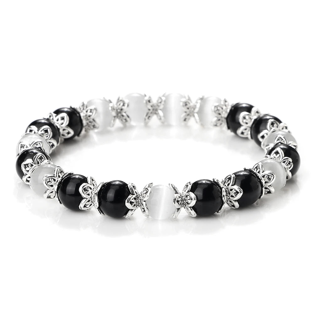 Gebet Lotus Legierung Spacer Perlen Armband 8mm Natürliche Cat Eye Streifen Achat Perlen Armreif Kette Pulsera Schmuck Geschenk für freund Neue