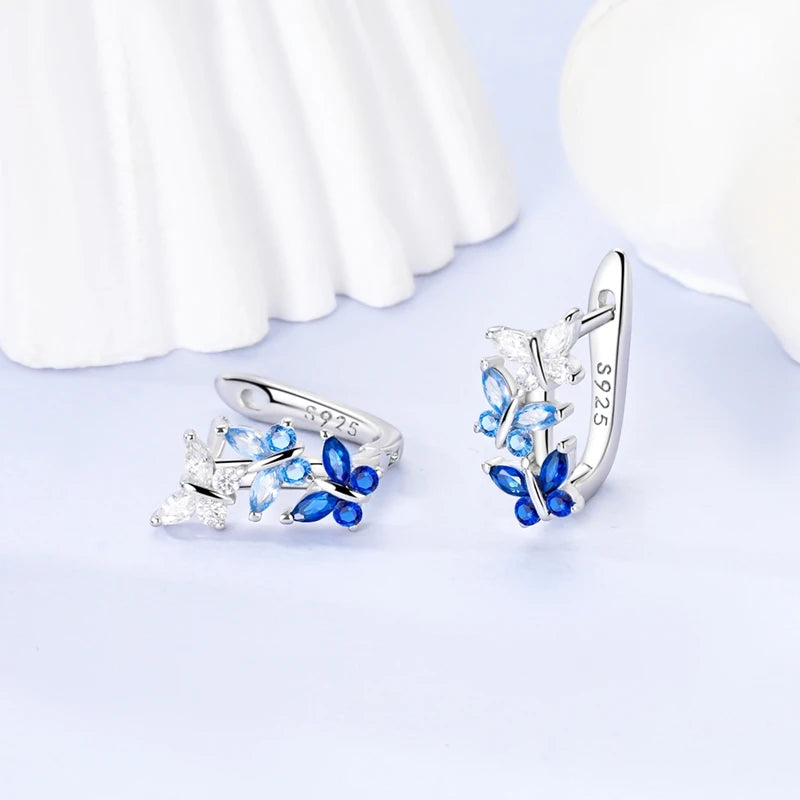Original 925 Sterling Silber Blaue Zirkonium Schmetterling Ohrringe Farbige Creolen Frauen Weibliche Party Edlen Ohrring Schmuck