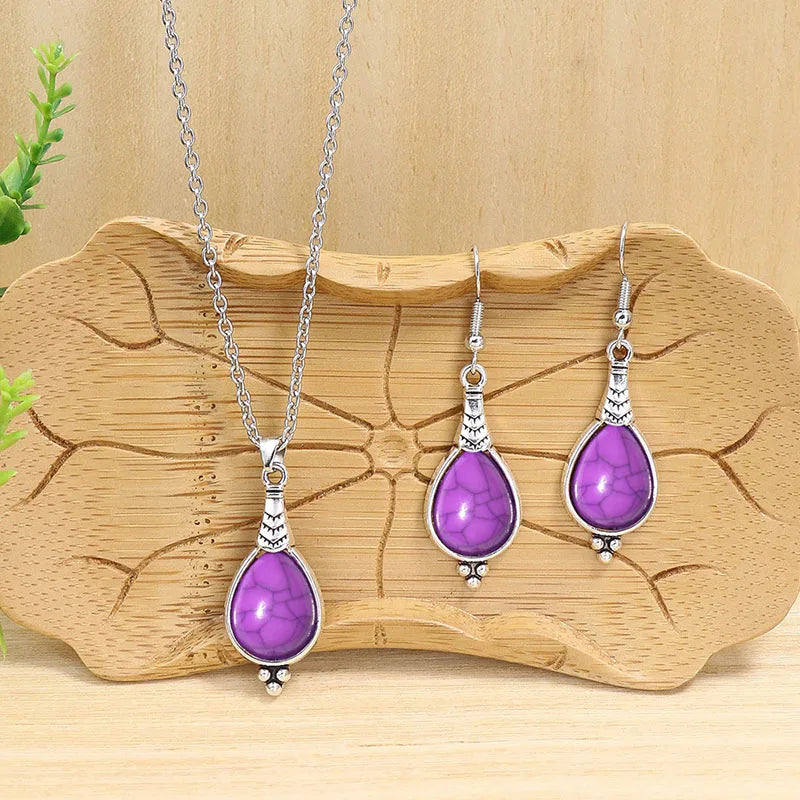 Böhmisches lila quadratisches Wassertropfen-Ohrring-Halsketten-Set für Frauen, europäische und amerikanische Mode, Temperament, Vintage-Schmuck